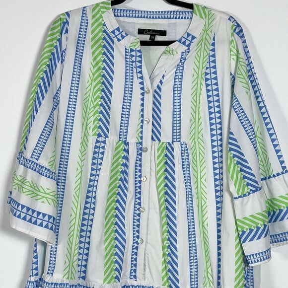 Caleoas Aztec Striped Mini Dress Womens Sz 1X White 3/4 Sleeves Button Front - Picture 2 of 11